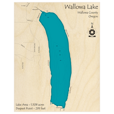 Bathymetric topo map of Wallowa Lake with roads, towns and depths noted in blue water