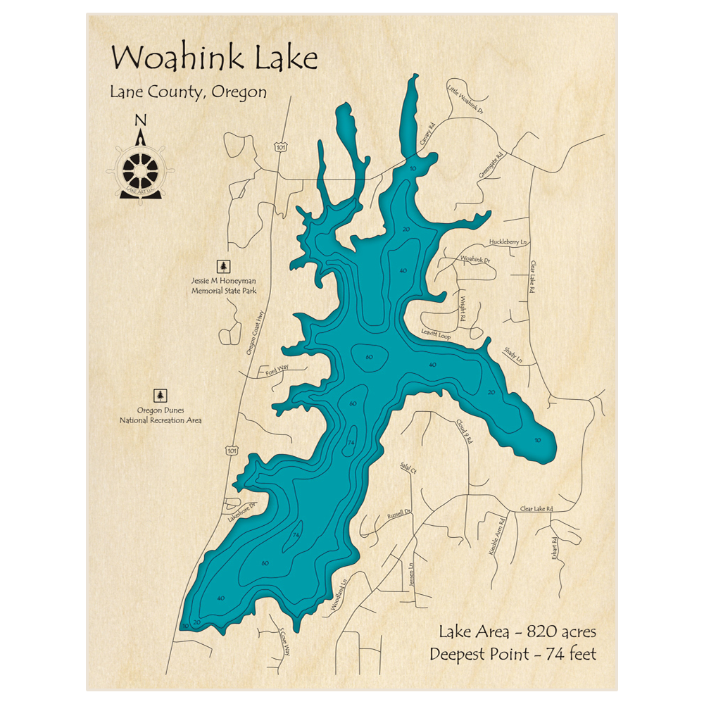 Bathymetric topo map of Woahink Lake with roads, towns and depths noted in blue water