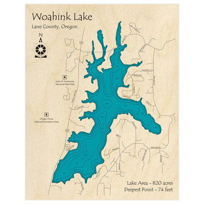 Bathymetric topo map of Woahink Lake with roads, towns and depths noted in blue water