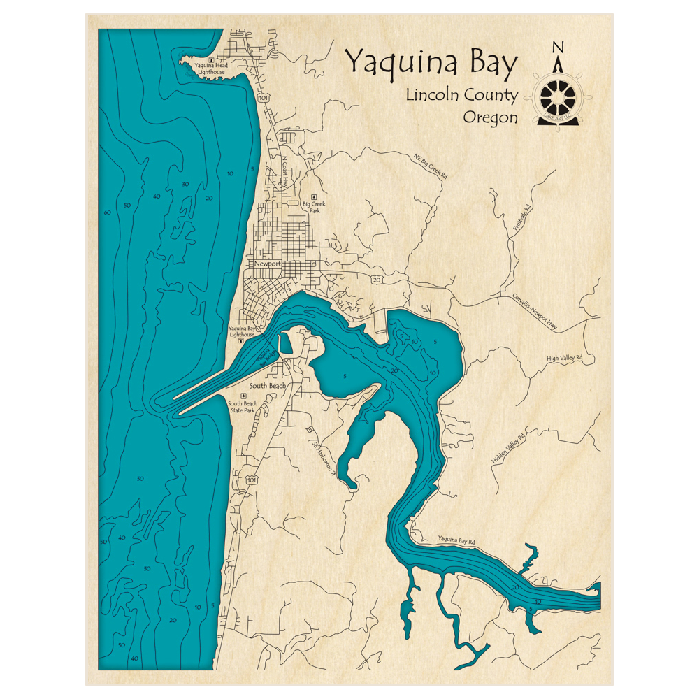 Bathymetric topo map of Yaquina Bay with roads, towns and depths noted in blue water