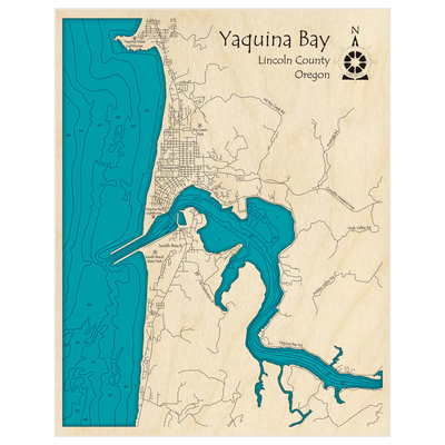 Bathymetric topo map of Yaquina Bay with roads, towns and depths noted in blue water