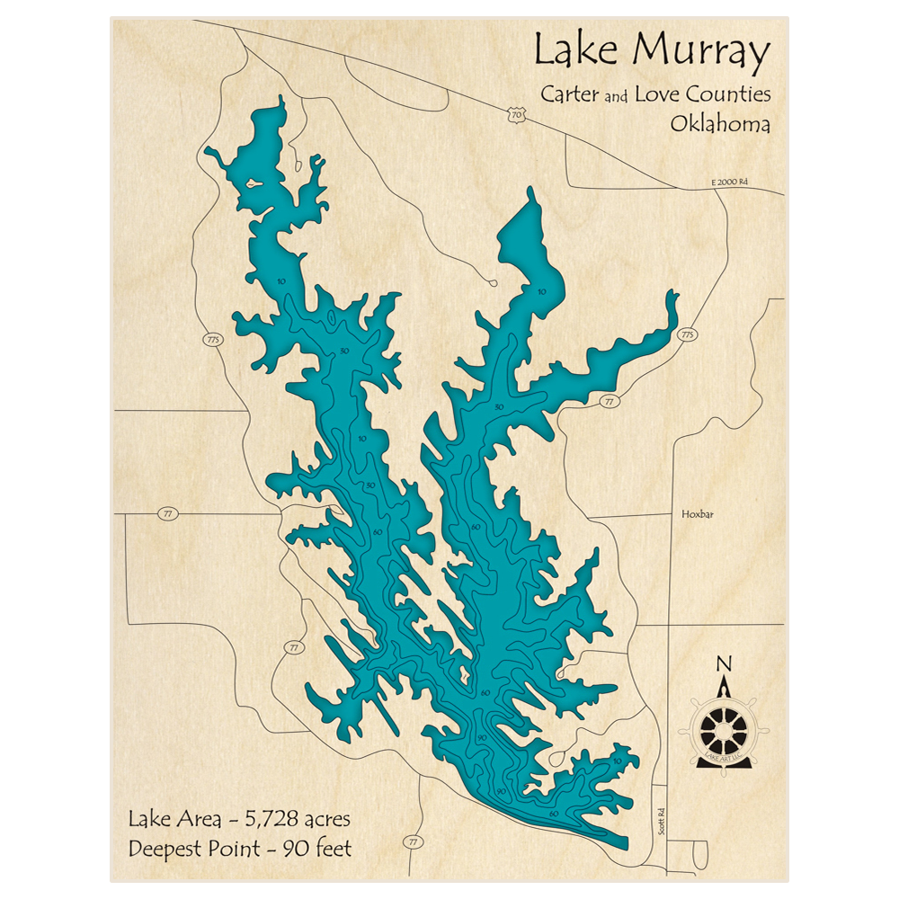 Bathymetric topo map of Lake Murray with roads, towns and depths noted in blue water