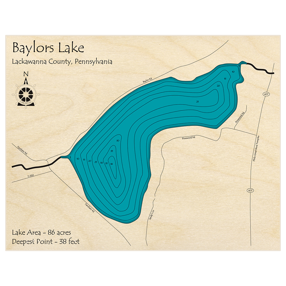 Bathymetric topo map of Baylors Pond with roads, towns and depths noted in blue water