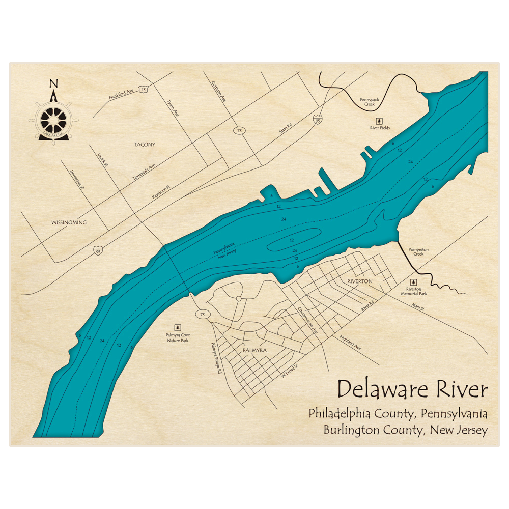 Bathymetric topo map of Delaware River at Riverton, Palmyra, Talcony and Wissinoming with roads, towns and depths noted in blue water