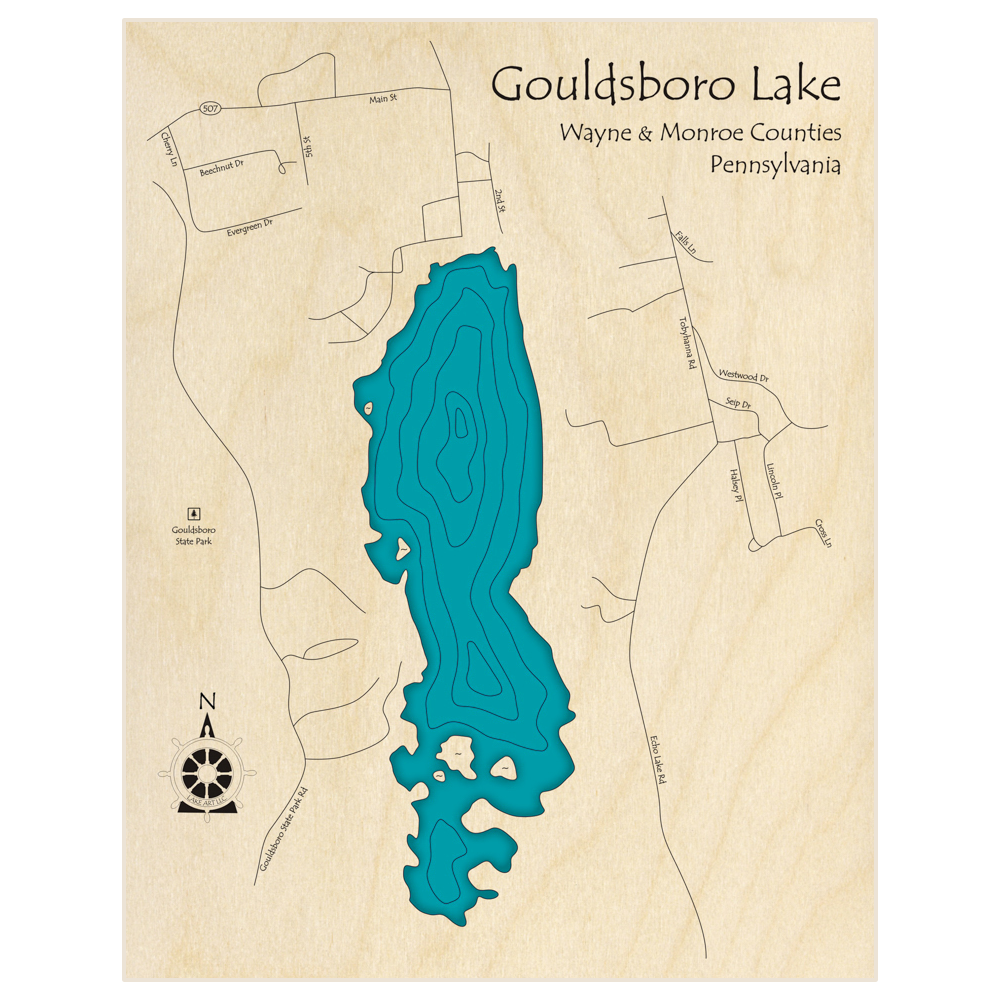 Bathymetric topo map of Gouldsboro Lake  with roads, towns and depths noted in blue water