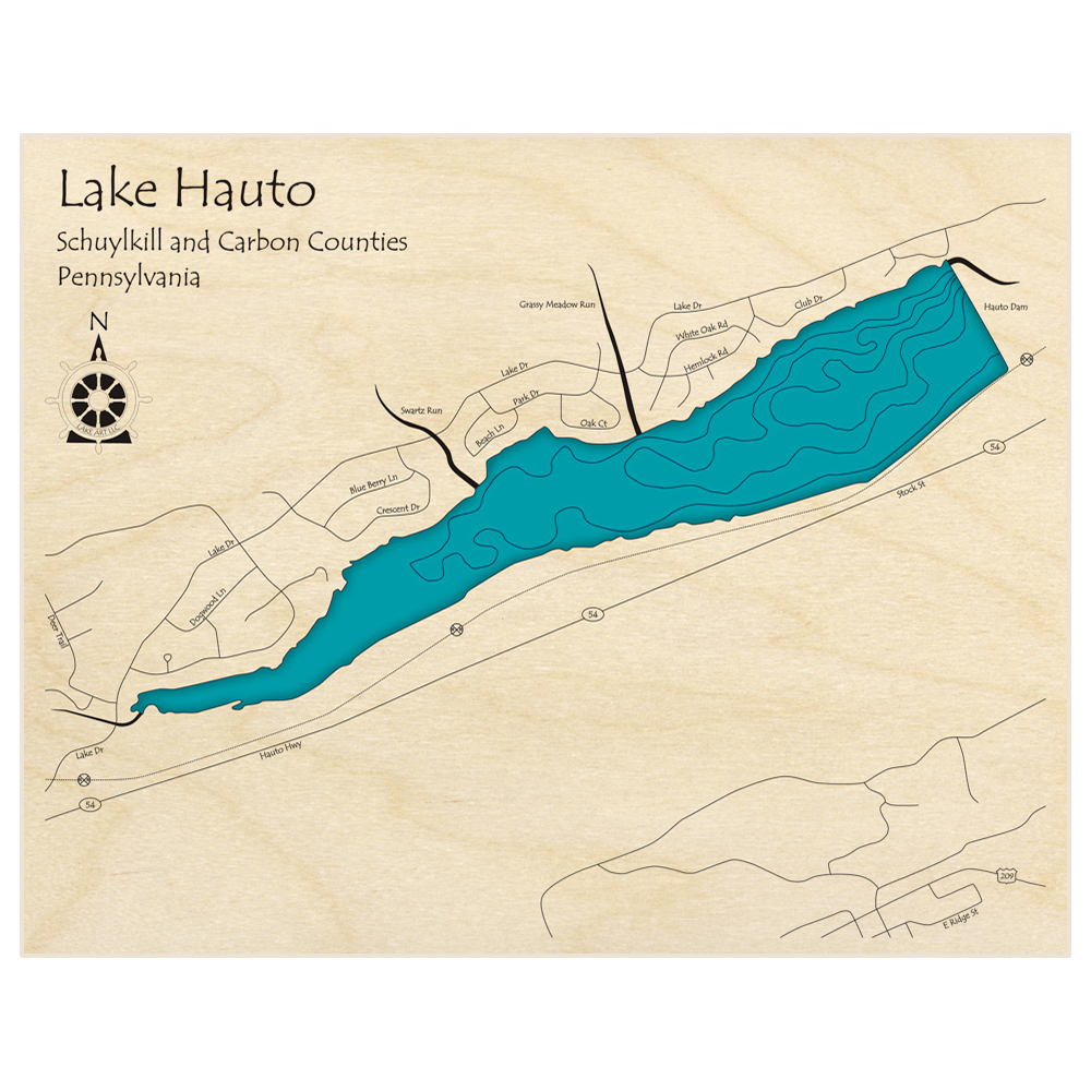 Bathymetric topo map of Lake Hauto  with roads, towns and depths noted in blue water