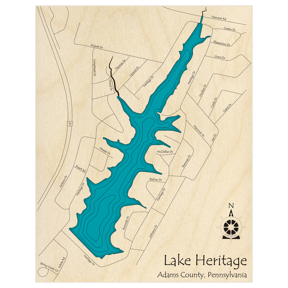 Bathymetric topo map of Lake Heritage  with roads, towns and depths noted in blue water