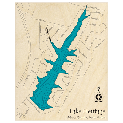 Bathymetric topo map of Lake Heritage  with roads, towns and depths noted in blue water