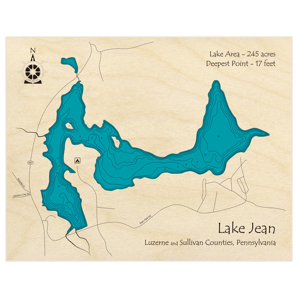 Bathymetric topo map of Lake Jean with roads, towns and depths noted in blue water