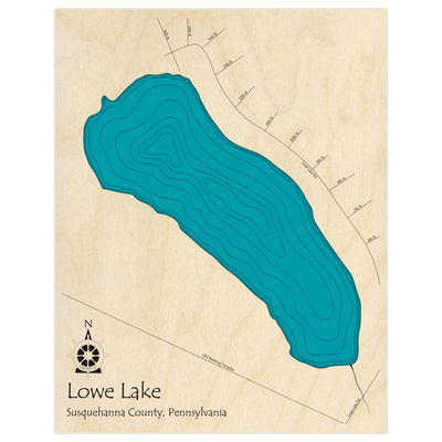 Bathymetric topo map of Lowe Lake  with roads, towns and depths noted in blue water