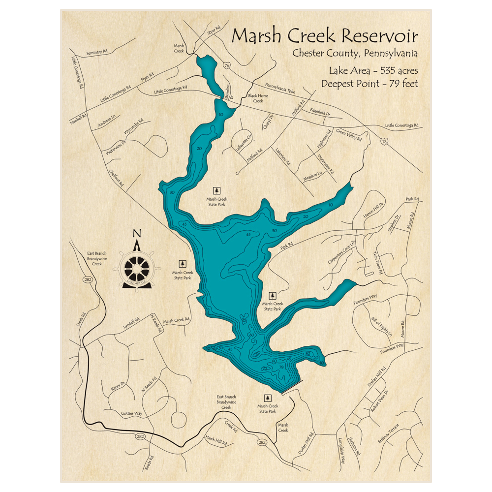 Bathymetric topo map of Marsh Creek Reservoir with roads, towns and depths noted in blue water