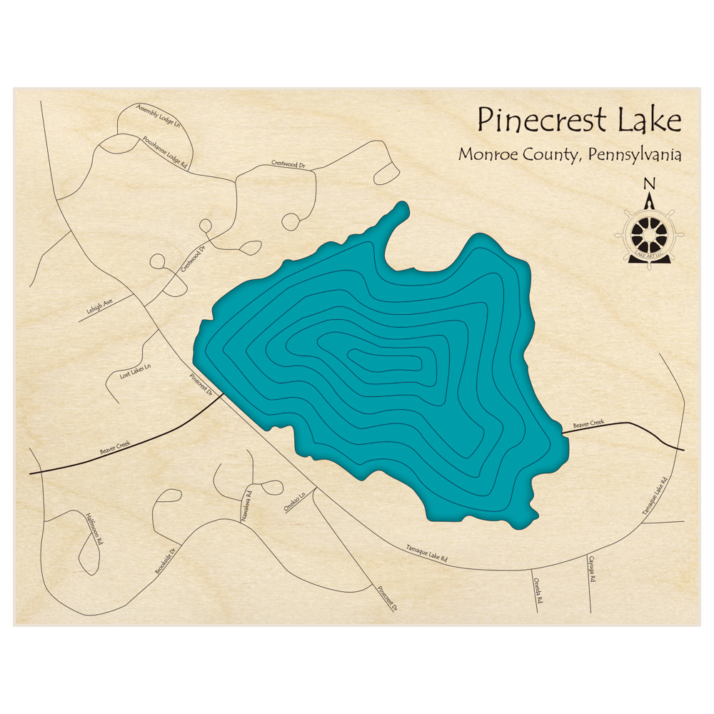 Bathymetric topo map of Pinecrest Lake with roads, towns and depths noted in blue water