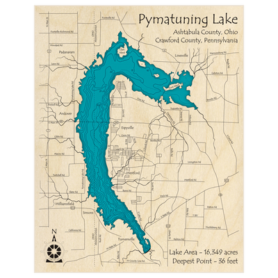 Bathymetric topo map of Pymatuning Lake with roads, towns and depths noted in blue water