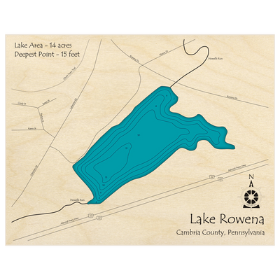 Bathymetric topo map of Lake Rowena with roads, towns and depths noted in blue water