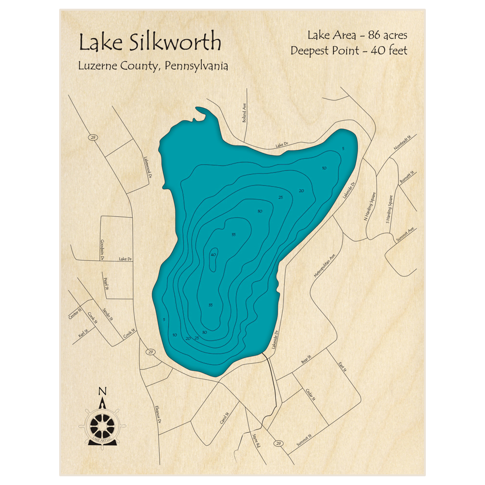 Bathymetric topo map of Lake Silkworth with roads, towns and depths noted in blue water