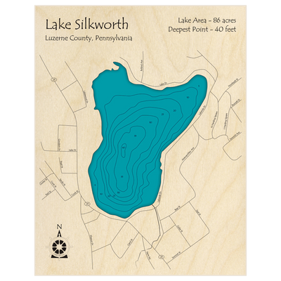 Bathymetric topo map of Lake Silkworth with roads, towns and depths noted in blue water