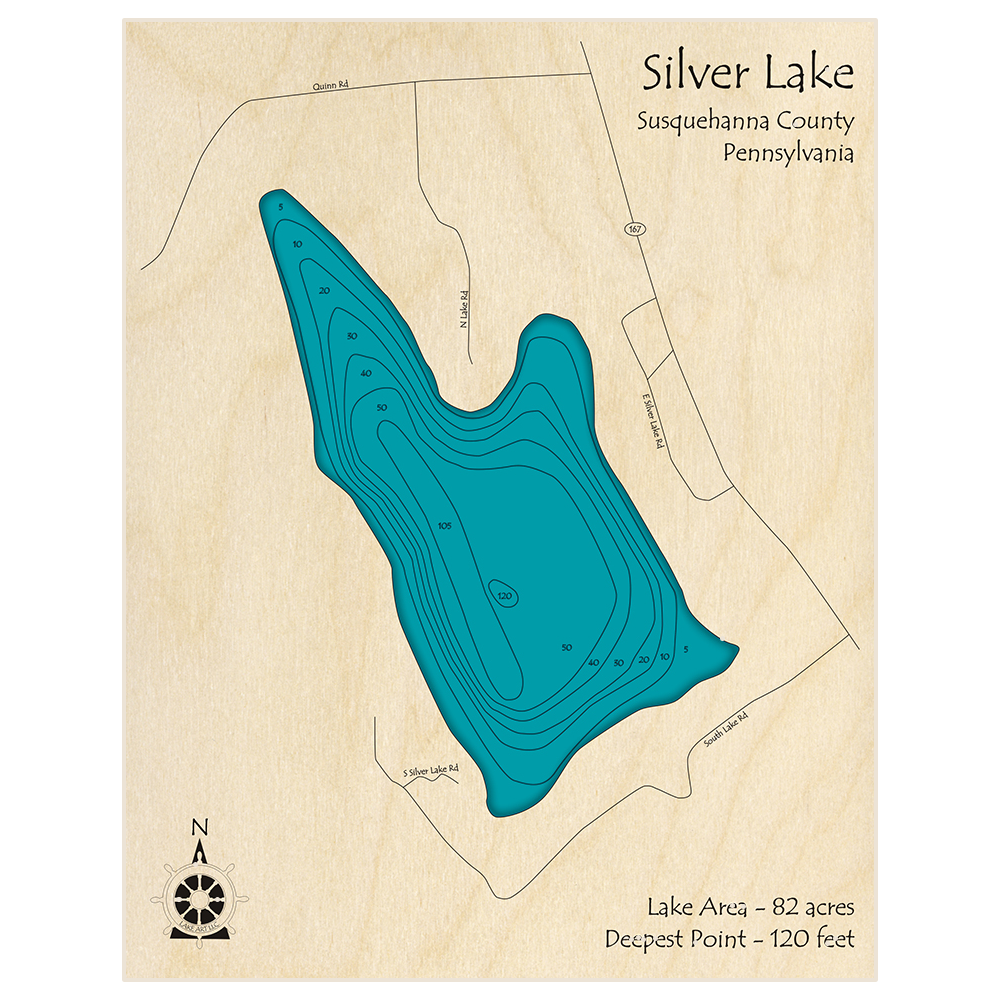 Bathymetric topo map of Silver Lake with roads, towns and depths noted in blue water