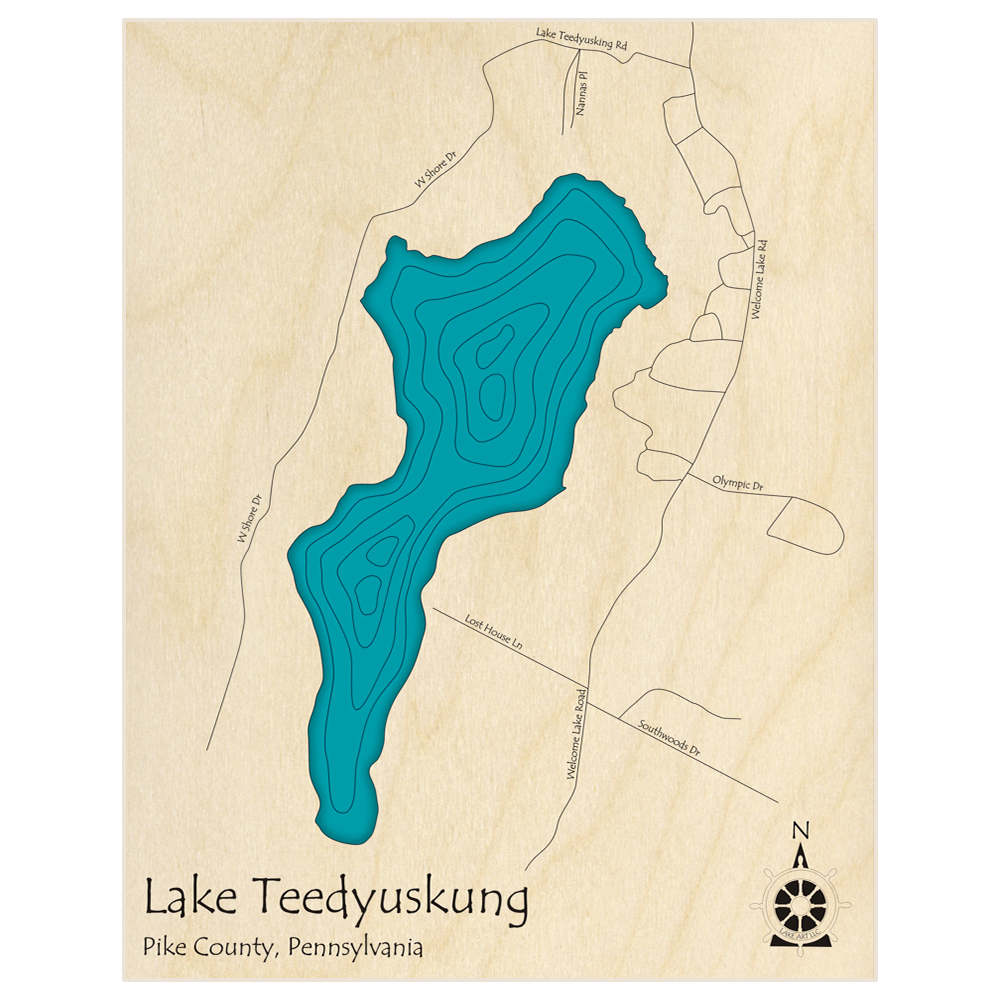 Bathymetric topo map of Lake Teedyuskung  with roads, towns and depths noted in blue water
