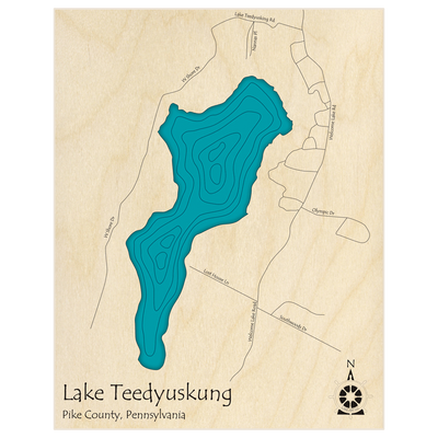Bathymetric topo map of Lake Teedyuskung  with roads, towns and depths noted in blue water