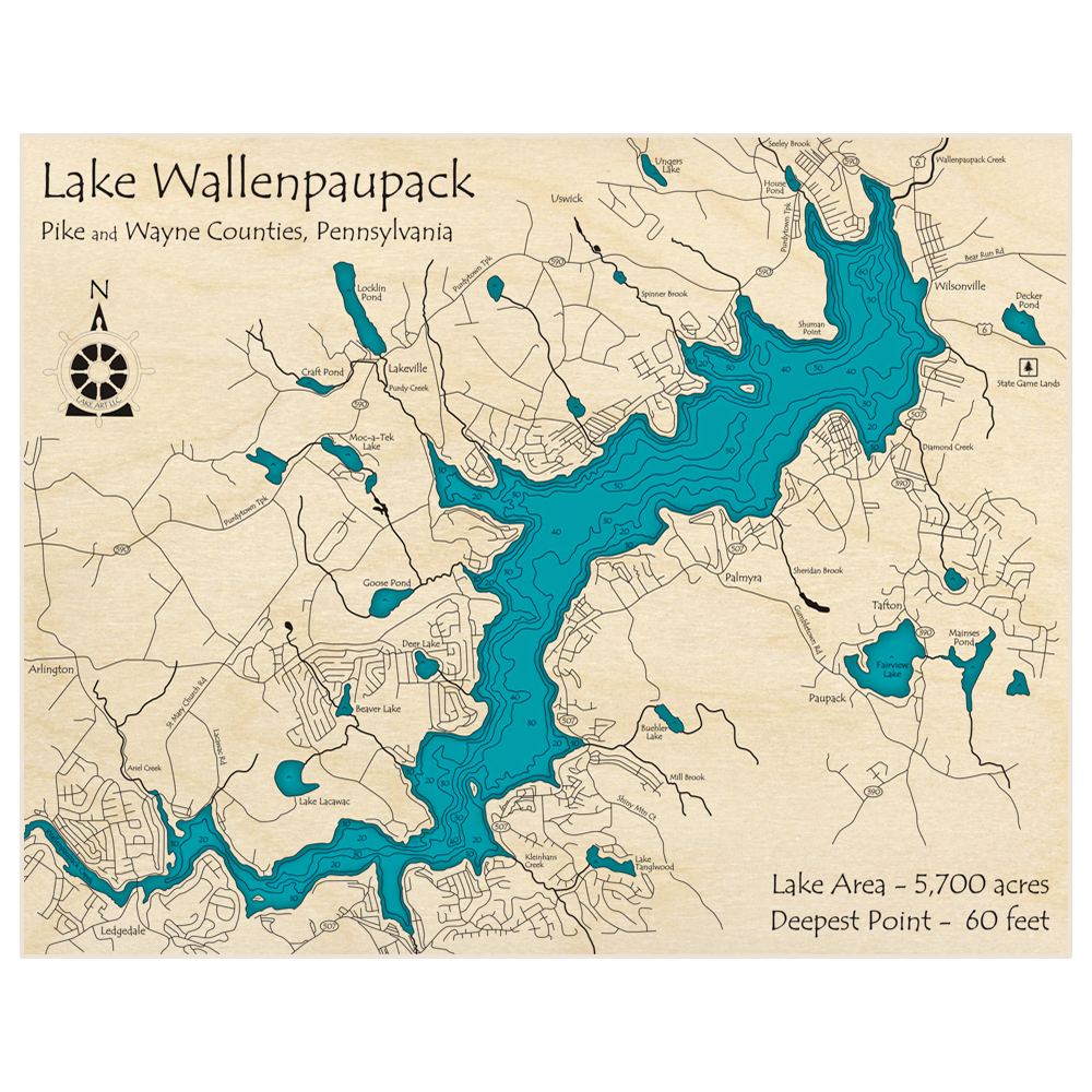 Bathymetric topo map of Lake Wallenpaupack with roads, towns and depths noted in blue water