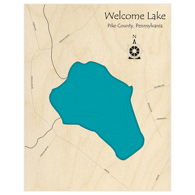 Bathymetric topo map of Welcome Lake  with roads, towns and depths noted in blue water