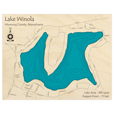 Bathymetric topo map of Lake Winola with roads, towns and depths noted in blue water