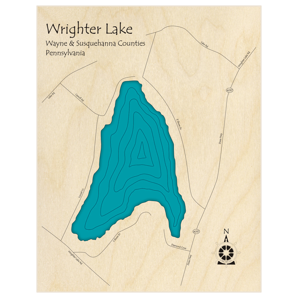 Bathymetric topo map of Wrighter Lake  with roads, towns and depths noted in blue water