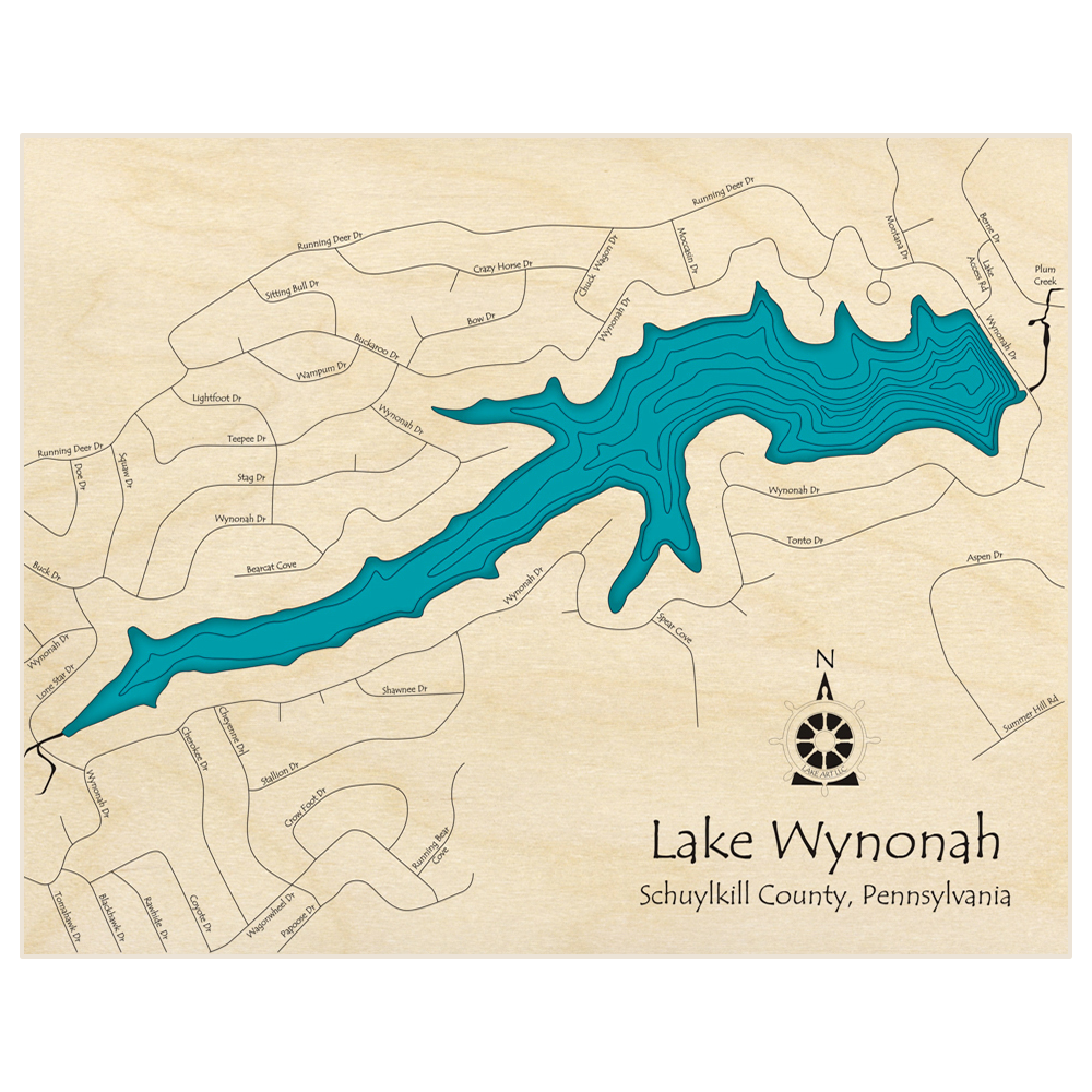 Bathymetric topo map of Lake Wynonah  with roads, towns and depths noted in blue water