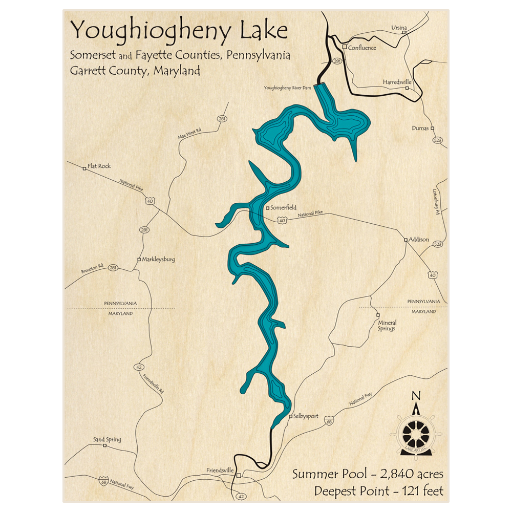 Bathymetric topo map of Youghiogheny Lake  with roads, towns and depths noted in blue water