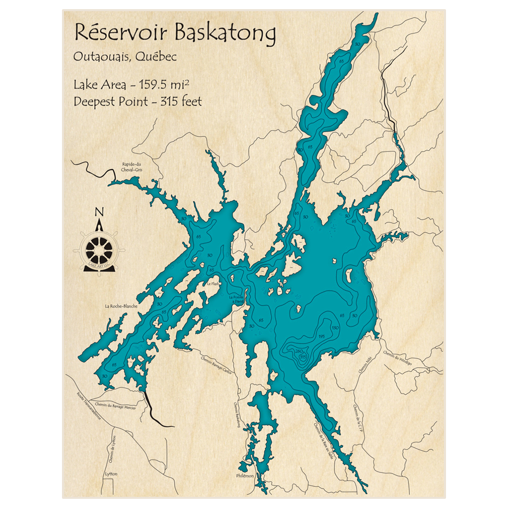 Bathymetric topo map of Baskatong Lake with roads, towns and depths noted in blue water