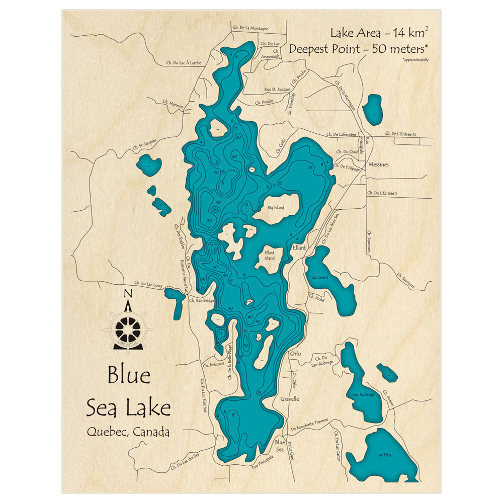 Bathymetric topo map of Blue Sea Lake with roads, towns and depths noted in blue water