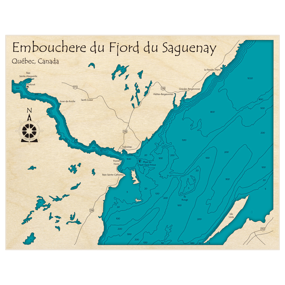 Bathymetric topo map of Embouchere du Fjord du Saguenay with roads, towns and depths noted in blue water