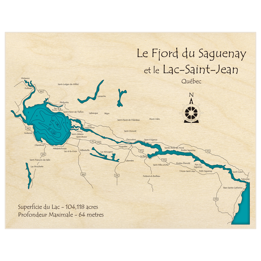 Bathymetric topo map of Fjord du Saquenay et le Lac Saint Jean with roads, towns and depths noted in blue water