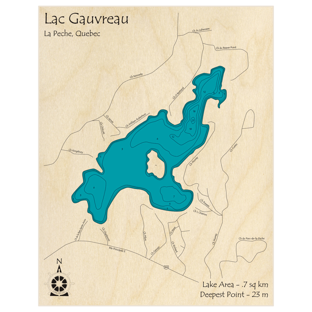 Bathymetric topo map of Lac Gauvreau with roads, towns and depths noted in blue water
