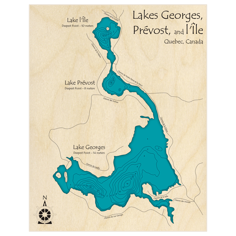 Bathymetric topo map of Lake Georges (With Prevost and Lile Lakes) (In English) with roads, towns and depths noted in blue water
