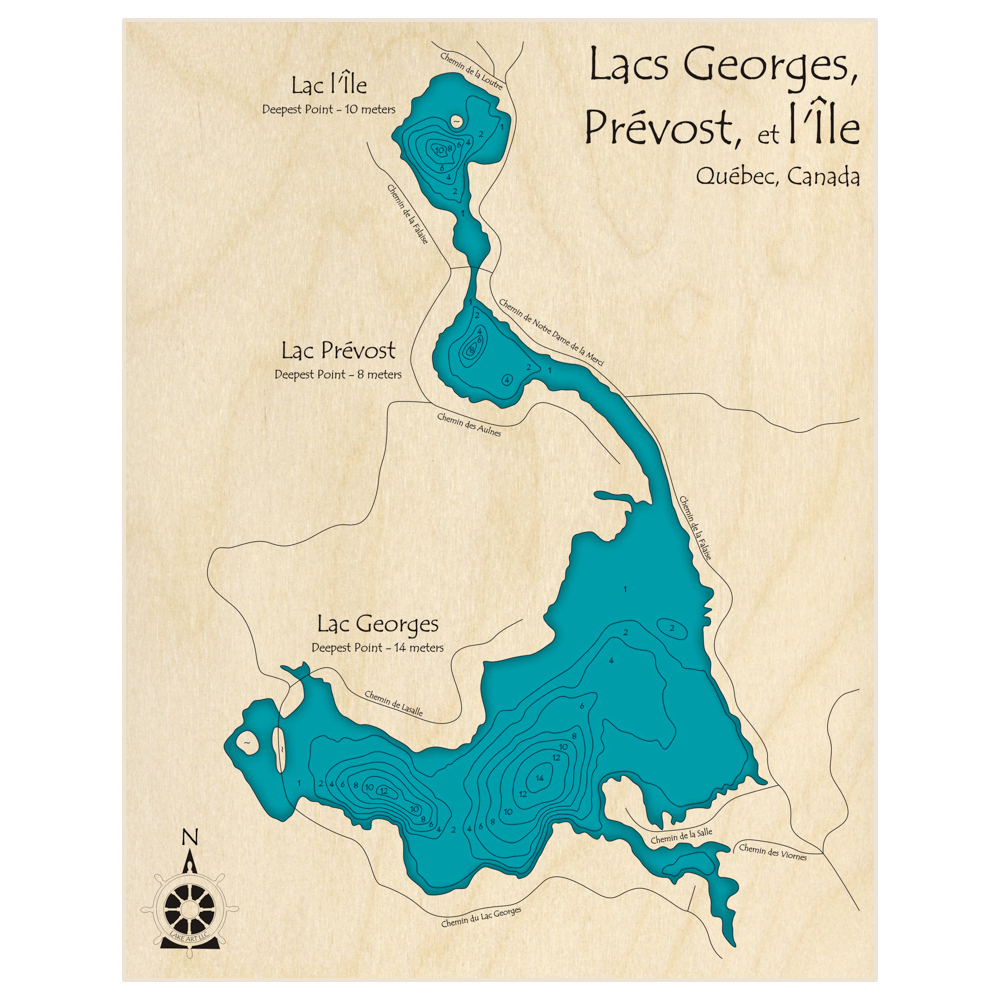 Bathymetric topo map of Lake Georges (With Prevost and Lile Lakes) (In French) with roads, towns and depths noted in blue water