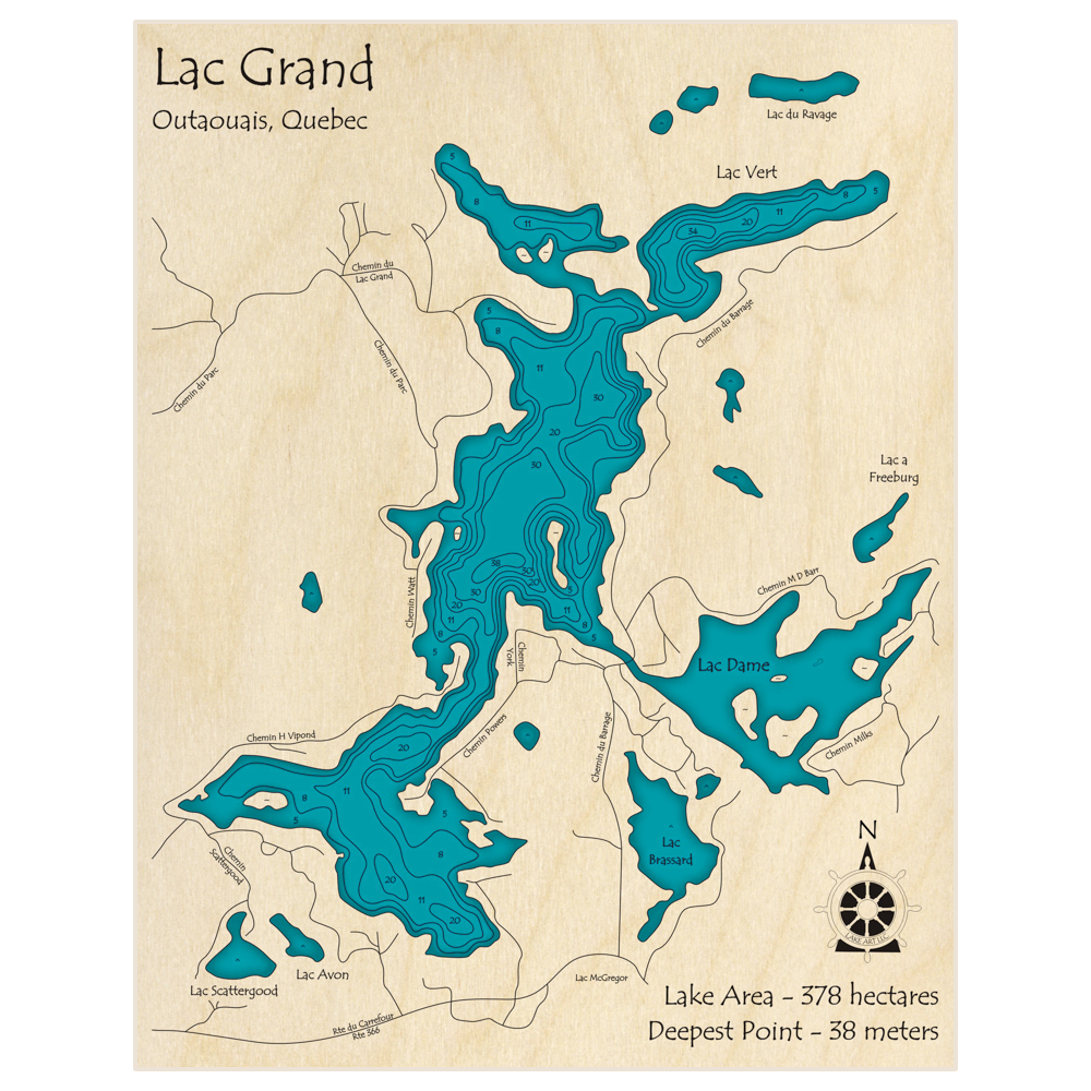 Bathymetric topo map of Grand Lake with roads, towns and depths noted in blue water