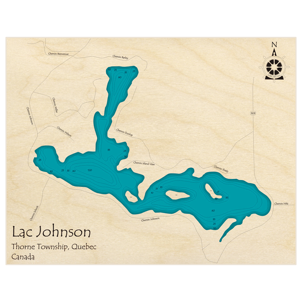 Bathymetric topo map of Lac Johnson with roads, towns and depths noted in blue water