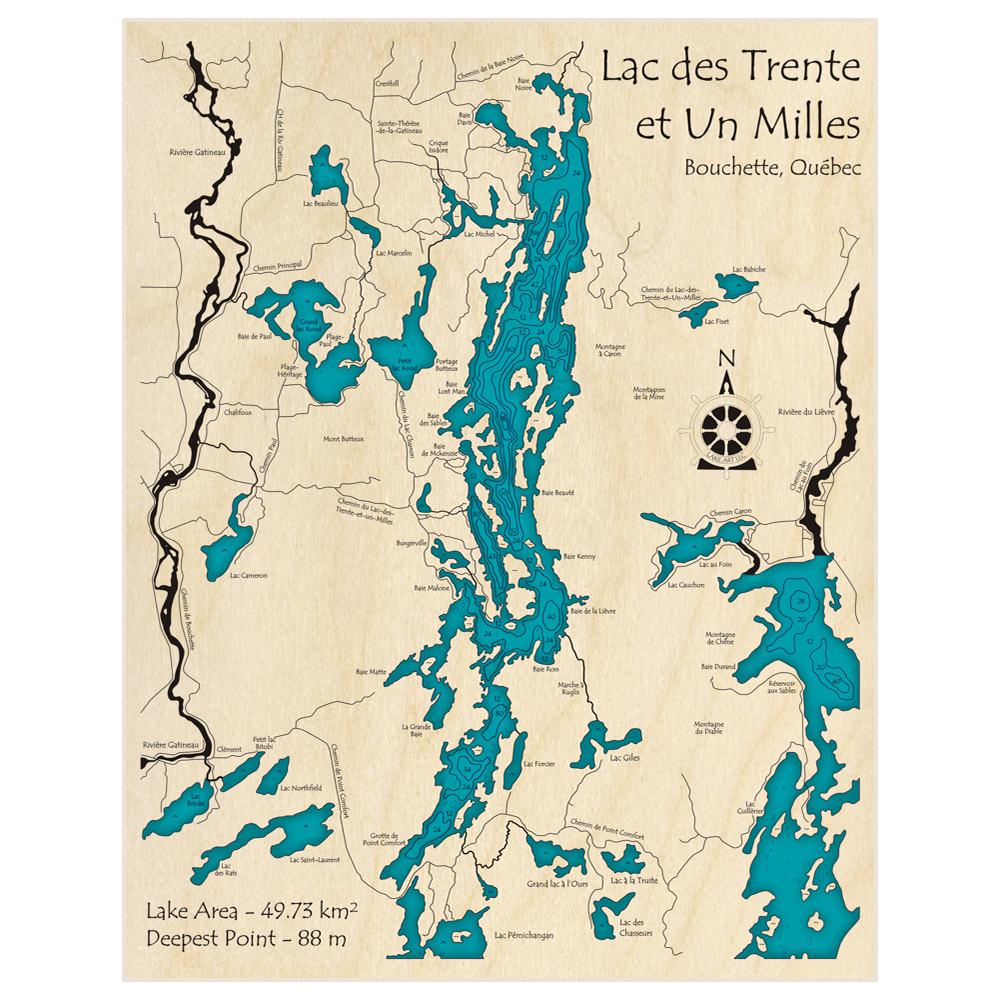 Bathymetric topo map of Lac des Trente et Un Milles with roads, towns and depths noted in blue water