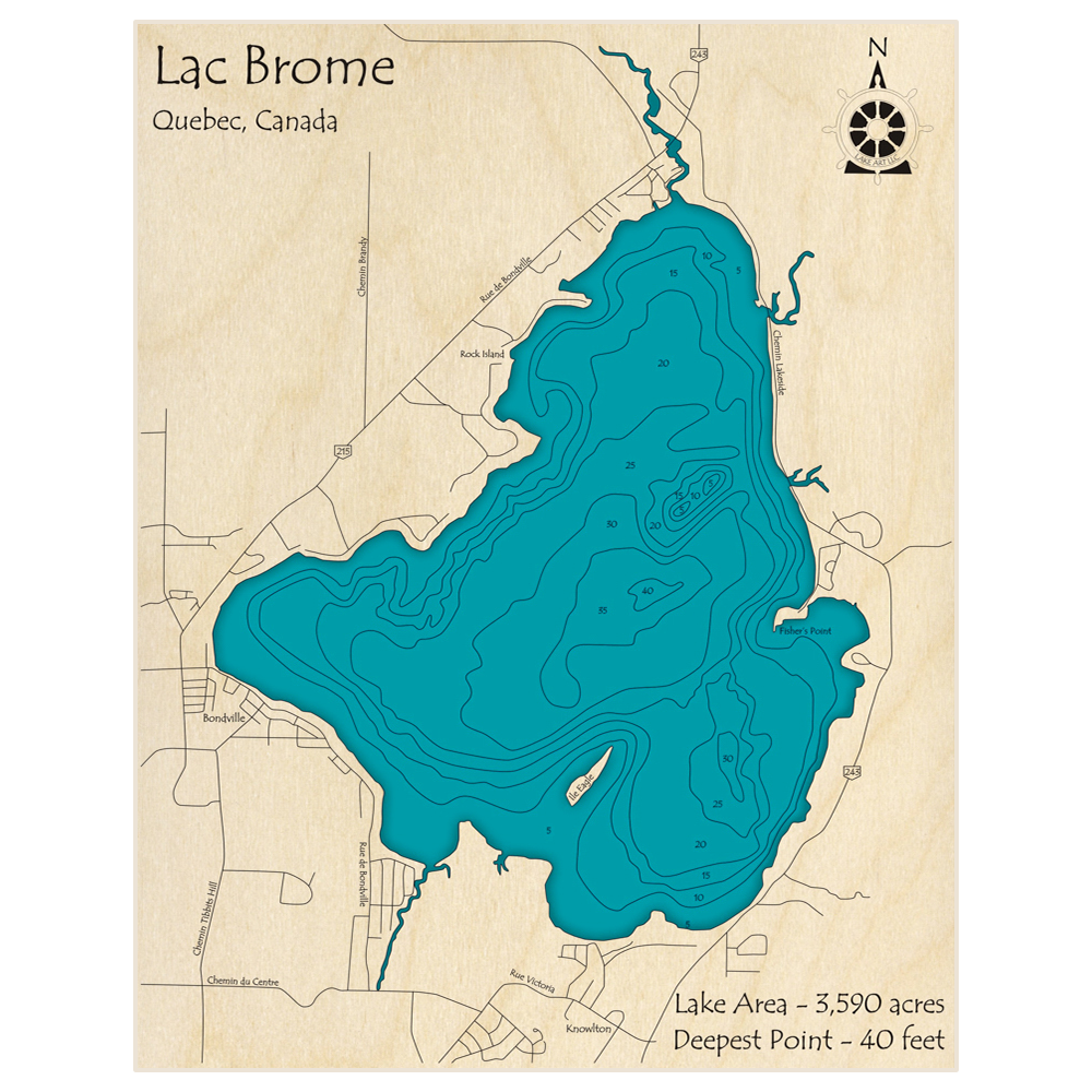 Bathymetric topo map of Lac Brome with roads, towns and depths noted in blue water