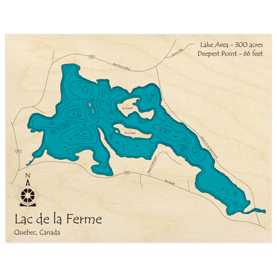Bathymetric topo map of Lac De La Ferme with roads, towns and depths noted in blue water