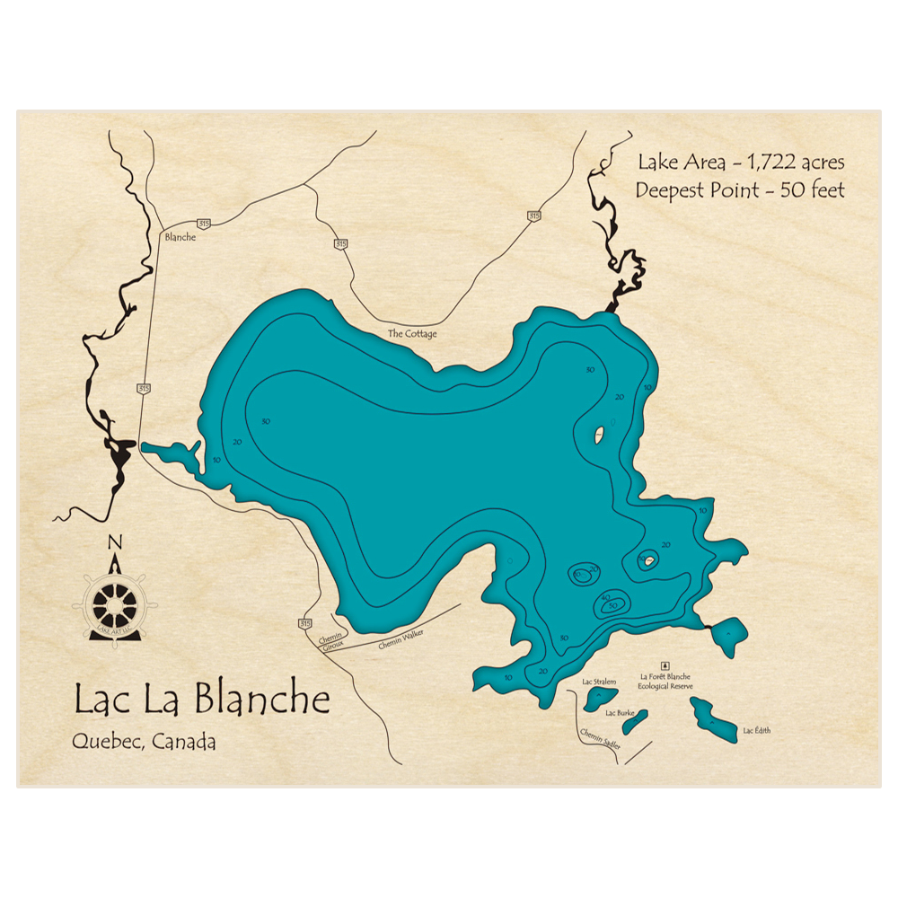 Bathymetric topo map of Lac La Blanche with roads, towns and depths noted in blue water