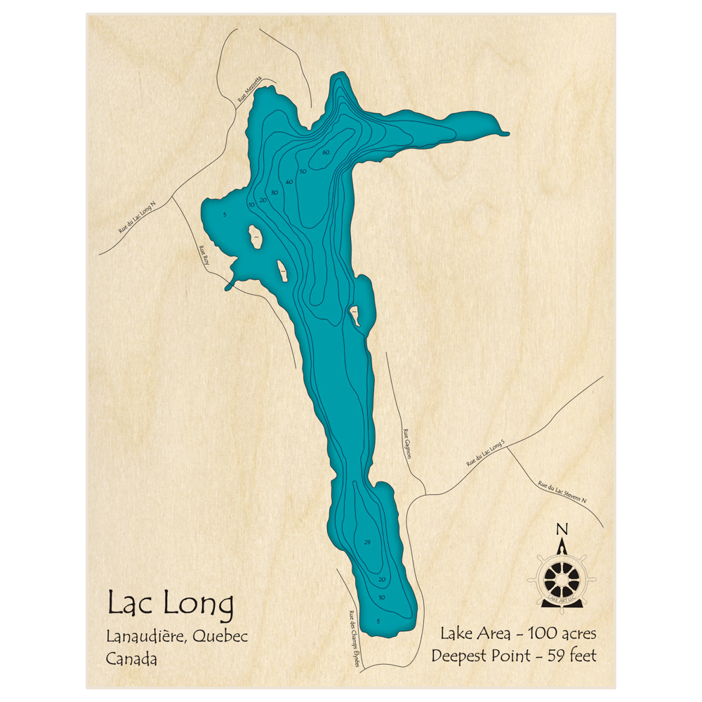 Bathymetric topo map of Lac Long with roads, towns and depths noted in blue water