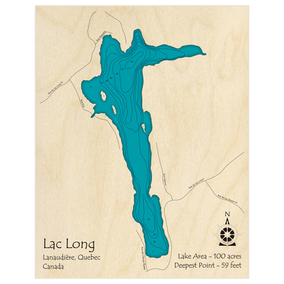 Bathymetric topo map of Lac Long with roads, towns and depths noted in blue water