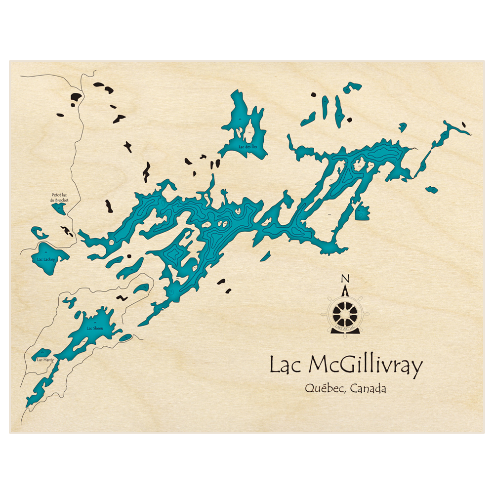 Bathymetric topo map of Lac McGillivray with roads, towns and depths noted in blue water