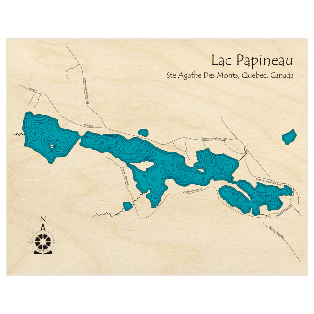 Bathymetric topo map of Lac Papineau with roads, towns and depths noted in blue water