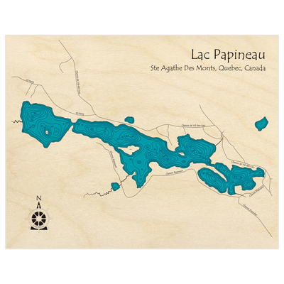 Bathymetric topo map of Lac Papineau with roads, towns and depths noted in blue water