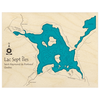 Bathymetric topo map of Lac Sept Iles (in feet) with roads, towns and depths noted in blue water