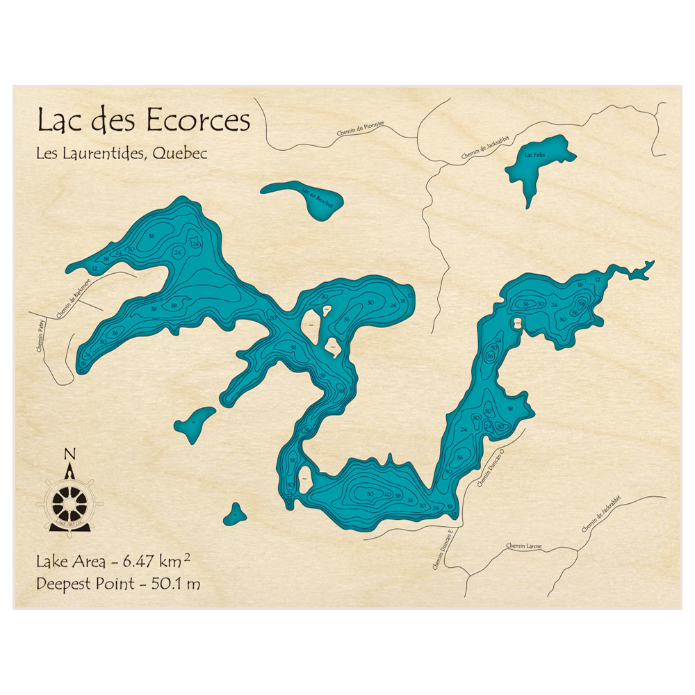 Bathymetric topo map of Lac des Ecorces with roads, towns and depths noted in blue water
