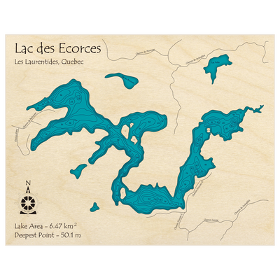 Bathymetric topo map of Lac des Ecorces with roads, towns and depths noted in blue water